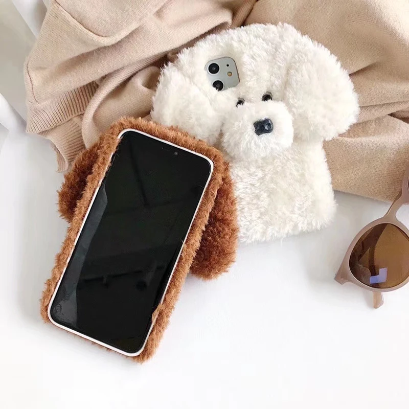 

New Phone Case for iPhone 12 Pro for Girl Cartoon 3D Plush Teddy Pet Dog Soft Cover Case for Apple iPhone 12 Pro Max 11 7 8 Plus