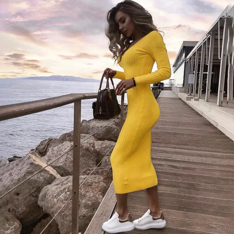 

Autumn and winter 2020 women's sexy big round neck two wear long sleeve slim fashion bandage long dress women