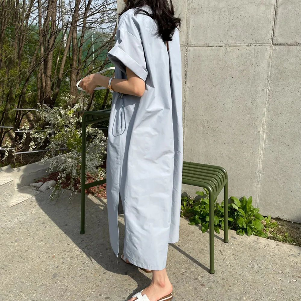 

Japanese Style Korean Fashion Nice Summer Pop Design Loose Long Solid Color Round Neck Hollow Out Women's Dress Summer