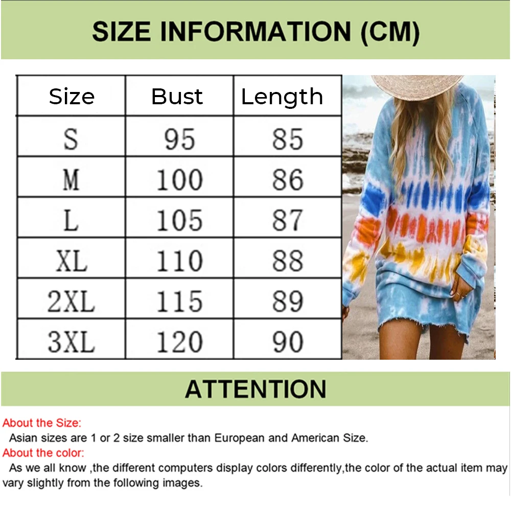 

Spring and Summer Women's Tie-dye Design Plus Long T-shirt Long-sleeved O-neck Versatile Home Wear Dresses Women Gradient Color