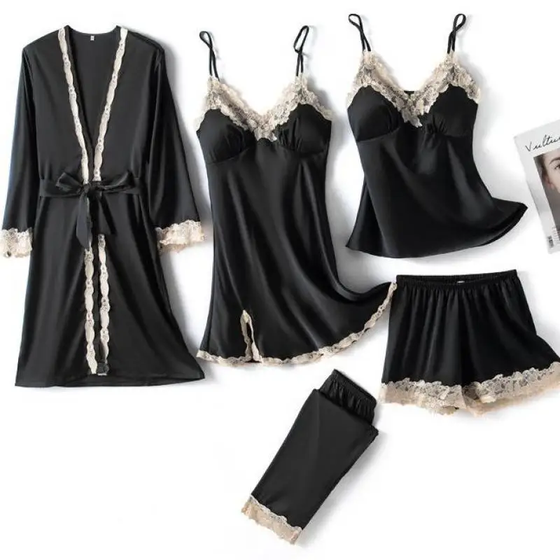 

5PCS Satin Pajamas Suit With Breast Pads Women Sleepwear Lace Faux Silk Loungewear Summer Kimono Robe Gown Pyjamas Pour Femme