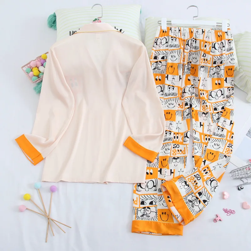 

Fiklyc Print Fashion Women Pajama Set Sweet Cuff Trousers Long Sleeve Suit Pyjamas Outwear Ice Silk Satin Pijamas Loungewear