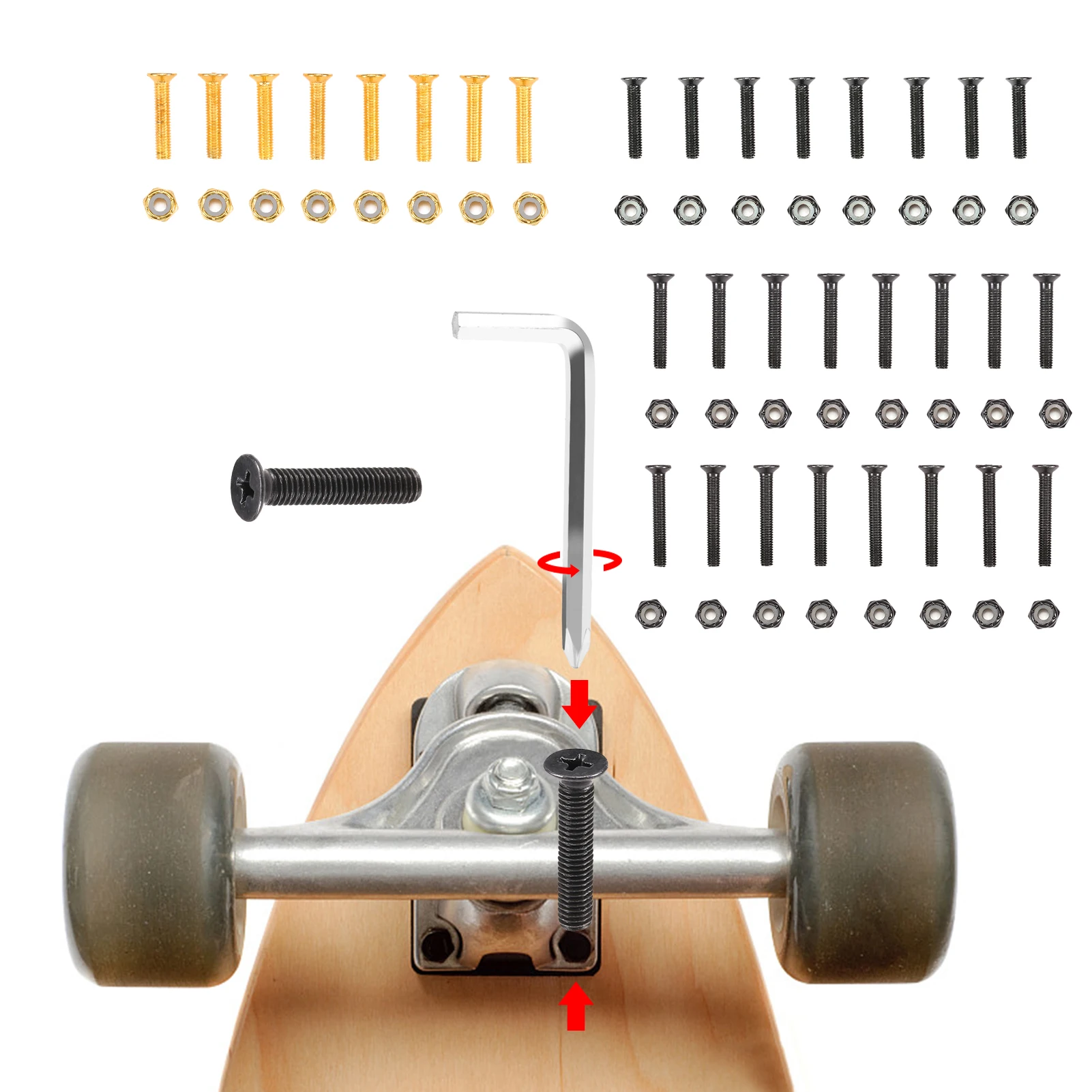 Skateboard Hardware Set 8pcs Skateboard Deck Screws Standard Cross Screwdriver Longboard Bolt Nuts & Hex Key Wrench
