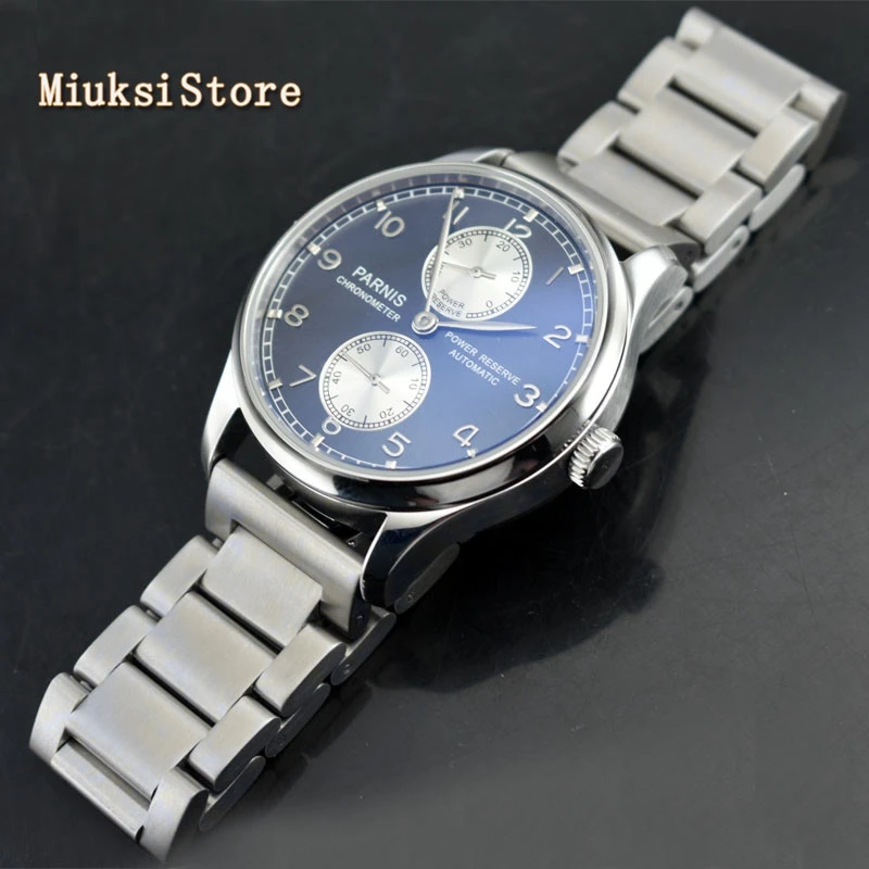 Parnis 43 мм Мужские топовые механические часы с синим циферблатом и стальным
