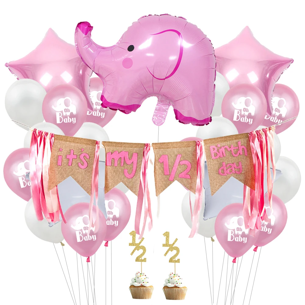 

1/2 Birthday Girl Pink Half 6 Months Birthday Decorations Cartoon Elephant Balloons Half Year Burlap Pennant Banner Cake Topper