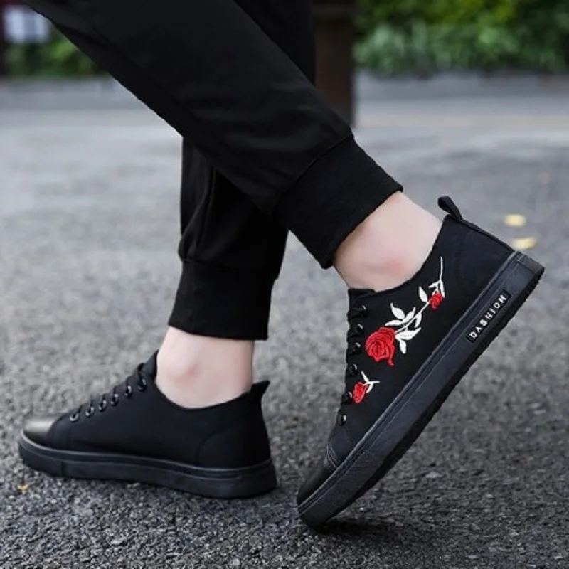 Мужская парусиновая обувь с низким вырезом вышивкой весна-осень 2019 | Обувь