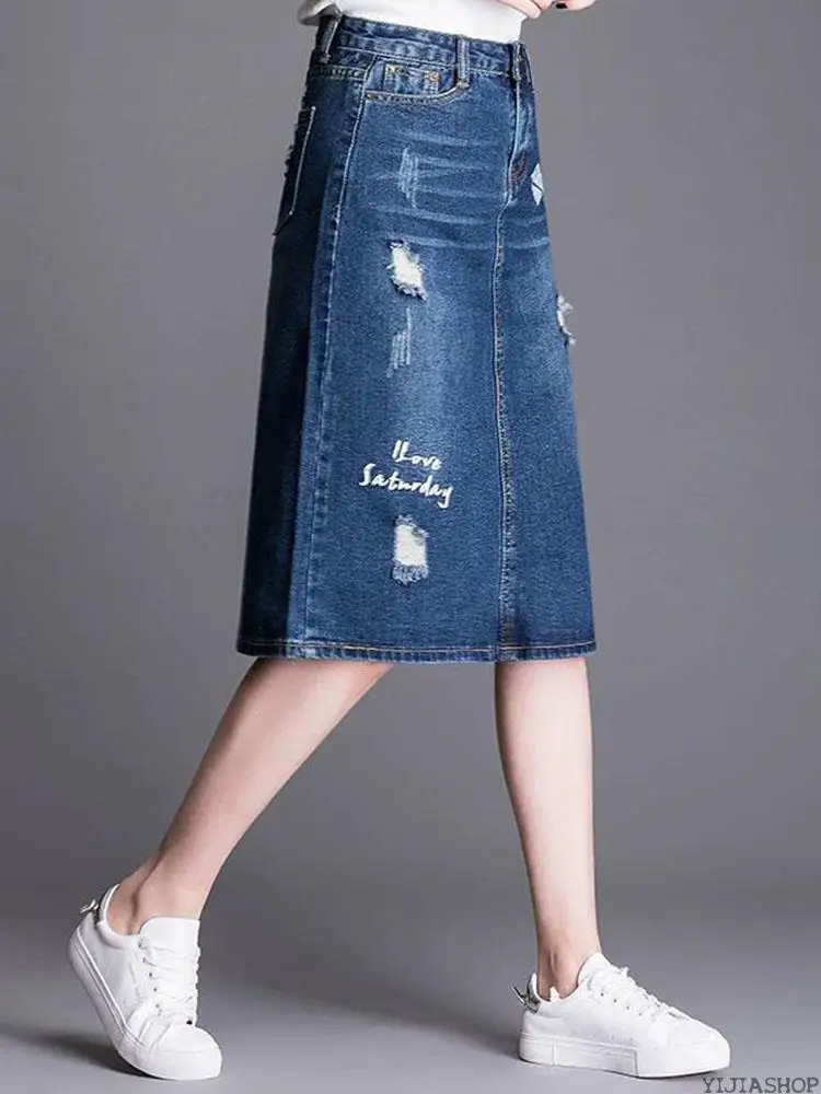 Новая летняя Высококачественная Свободная юбка джинсовая среднего размера с
