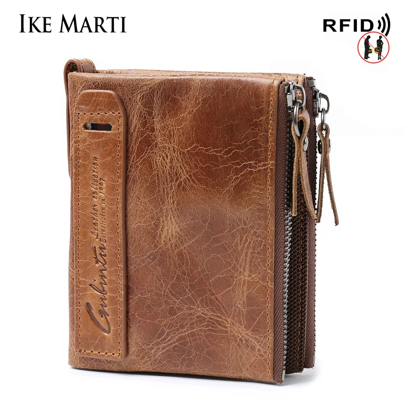 

Кожаный мужской кошелек для мелочи IKE MARTI, маленький бумажник с RFID-защитой, с двойной молнией в стиле ретро