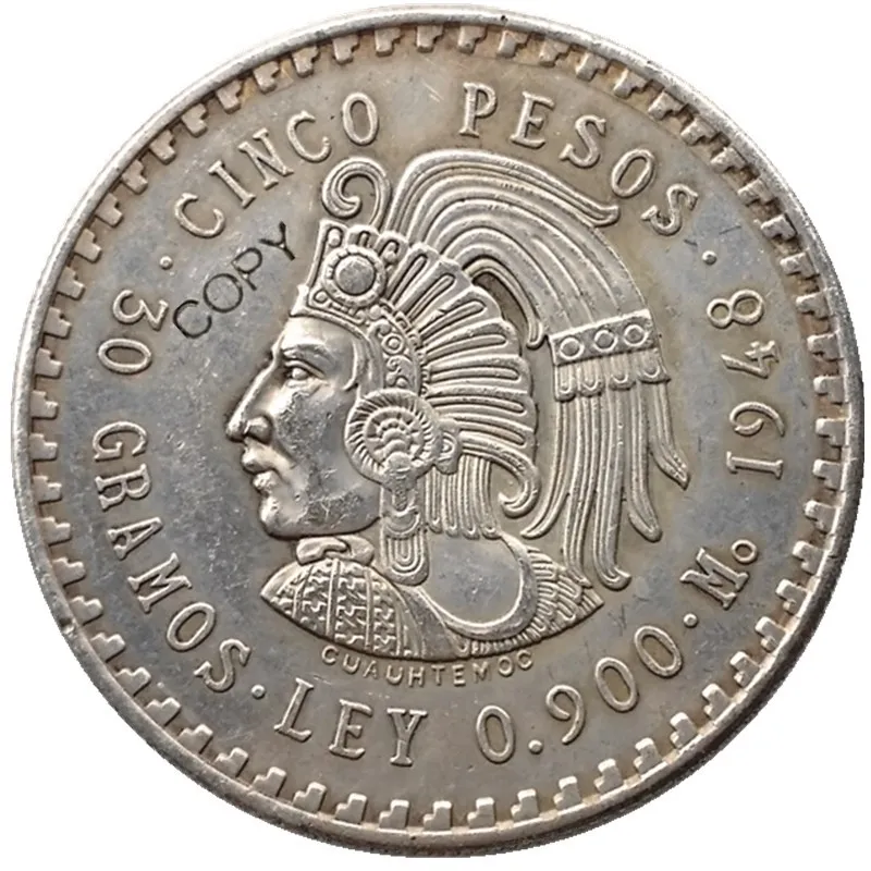

Uncirculated 1947 or 1948 Mexico 5 Pesos Silver Foreign Copy Coins
