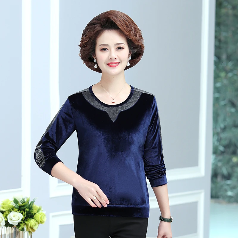 

Red Navy Blue Purple Velvet Blouse Mature Women Chic Classy Round Collar Long Sleeve Velour Top Glossy Fabric Patchwork Clothes