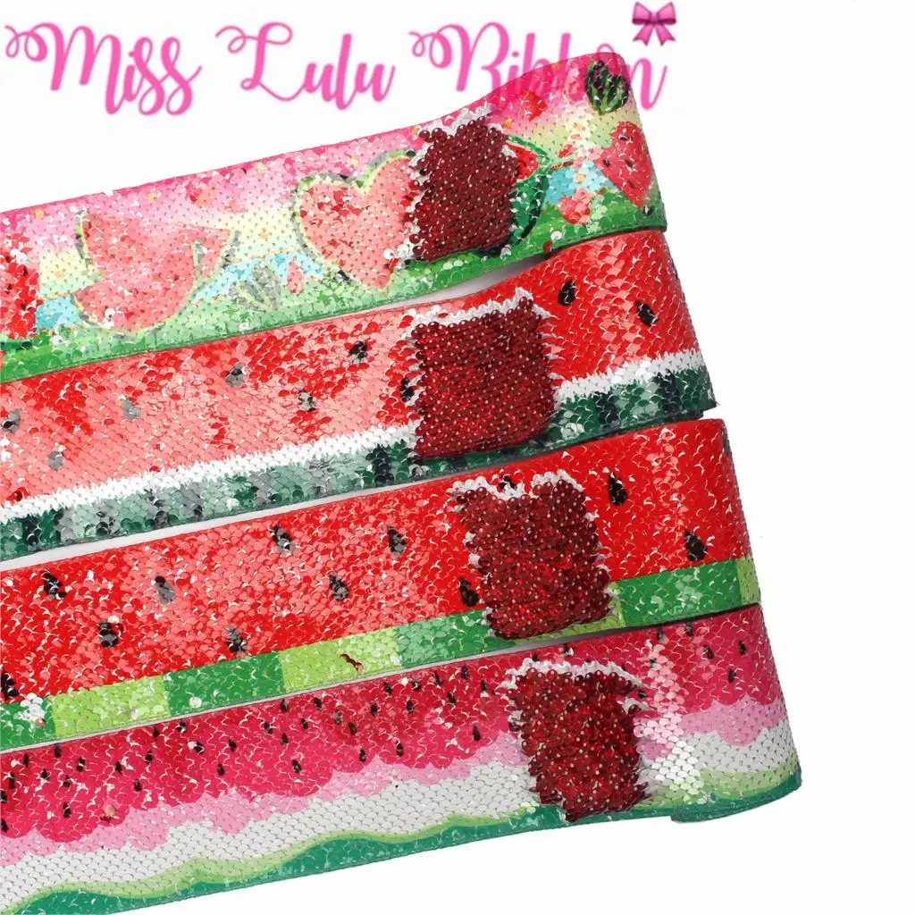 3&quot75mm Fruits Series Summer Watermelon Printed Double Reversible Hologram Red Sequin Ribbon DIY Hair Bowknots 46yards | Дом и сад