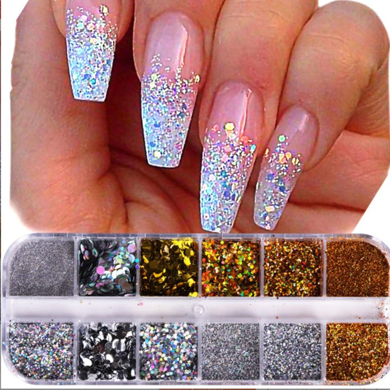 

3 чехла/партия, блестки, золотистые и Серебристые сверхтонкие нестандартные круглые Блестки для ногтей, инструмент для украшения ногтей сво...