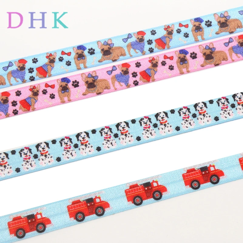 

DHK 5/8'' 5yards japan cartoon dog fire truck printed Fold Elastic FOE stretch ribbon hairbow headwear headband DIY OEM E1628