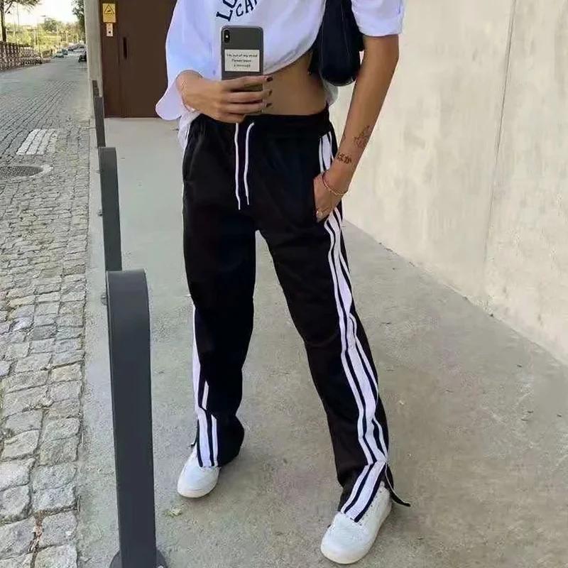 

MosiMolly Cool Split Black Pants Women Striped Long Pants Tracksuit Pants Sweat Pants Female Bottom
