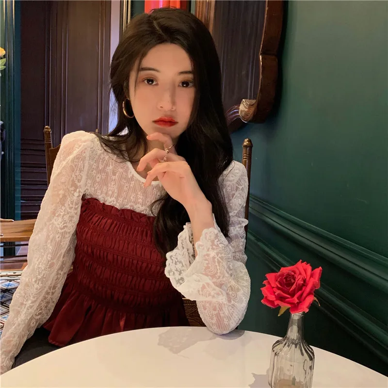 

Flare Sleeve Lace Hollow Out Ladies Crop Top Women's Clothing Flare Sleeve Blouses Autumn Style Korean Clothes Female Shirts