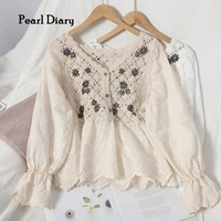 pearl diary women spring autumn blouses cotton floral embroidery princess tops with buttons cotton eyelet long sleeve peplum top