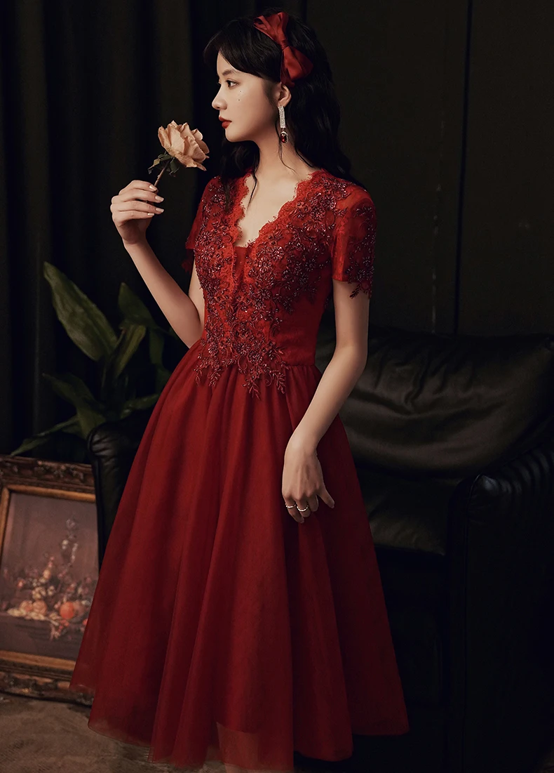 AnXin SH flower wine red lace v neck short sleeve evening dress vintage princess beading sparkly bride party | Свадьбы и торжества
