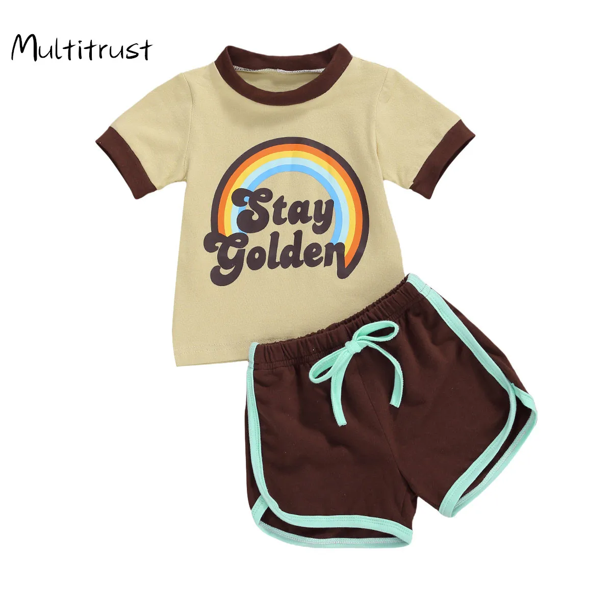

Summer New Toddler Baby Boy Girl Cotton Clothes 0-24M Short Sleeve Rainbow Letter Printing T-shirt Solid Color Shorts