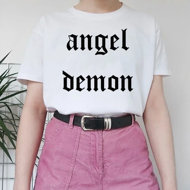 Sunfiz YF Angel Demon забавные принты с надписями футболки для женщин короткий рукав Harajuku