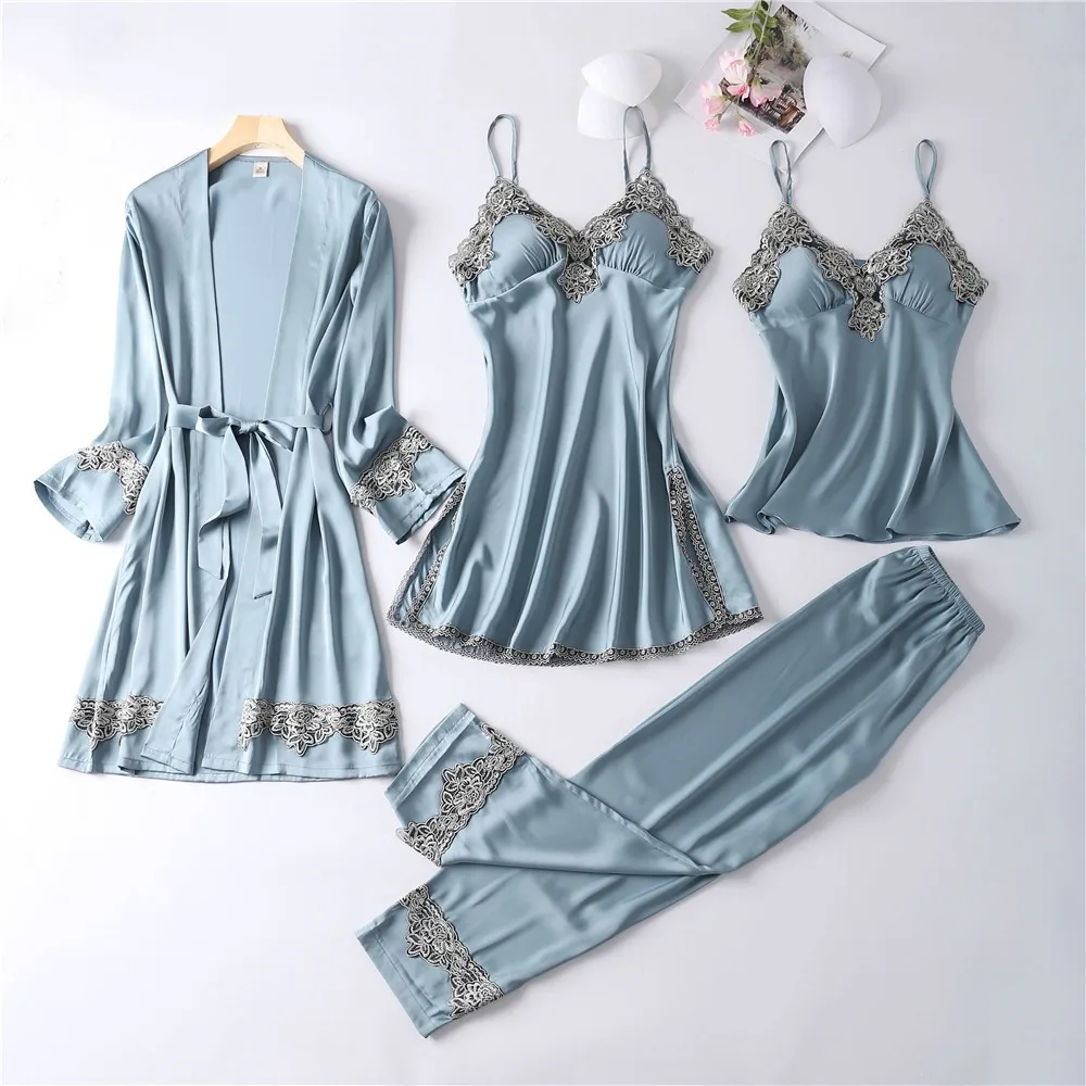 

Pyjama Pour Femme 4PCS Nightwear Satin Pajamas Suit Intimate Lingerie Spring Summer New Homewear Sexy Lace Sleep Set Pijamas