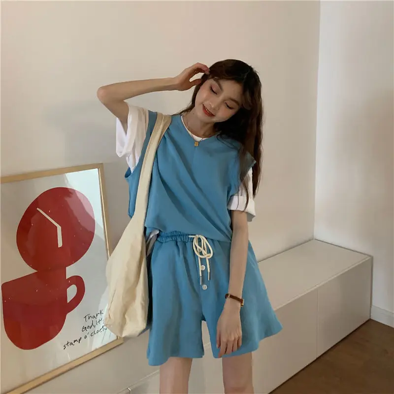 

Summer Fashion Shorts Suit Women 2021 New Korean Sleeveless Vest White T-shirt High Waist Shorts Three-Piece Sets
