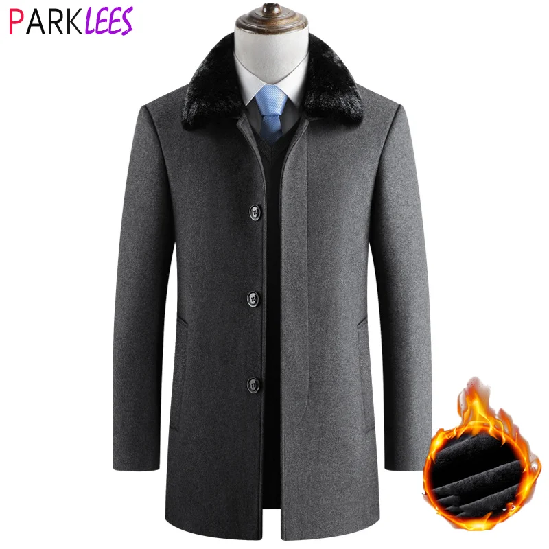 

Men's Winter Thickened Wool Trench Coat Brand Fake Fur Collar Woolen Pea Coat Slim Fit Single Breasted Cashmere Coat Overcoat