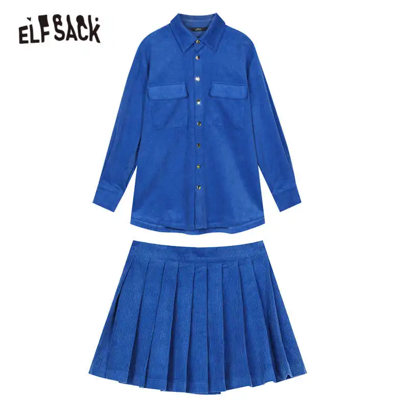 

ELFSACK Blue Solid Corduroy Casual Women Matching Sets,2020 Autumn ELF Chic Button High Waist Korean Ladies Daily 2 Pieces Sets
