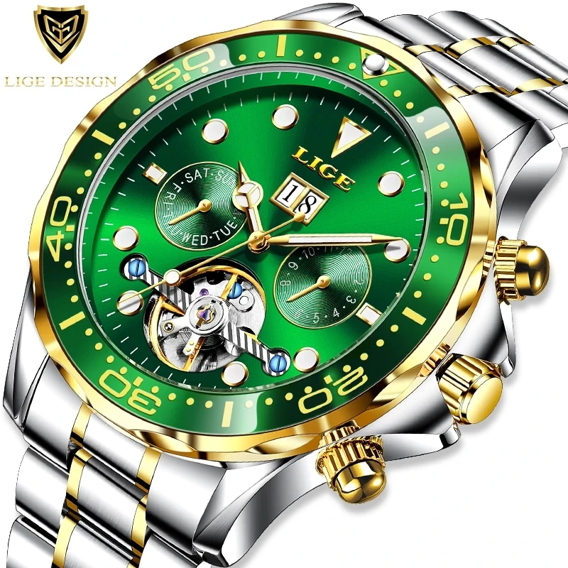 LIGE New Creative Automatic Mechanical Watch Men Stainless Steel Dive Clock Fashion Business100M Waterproof Mens Watches+Box