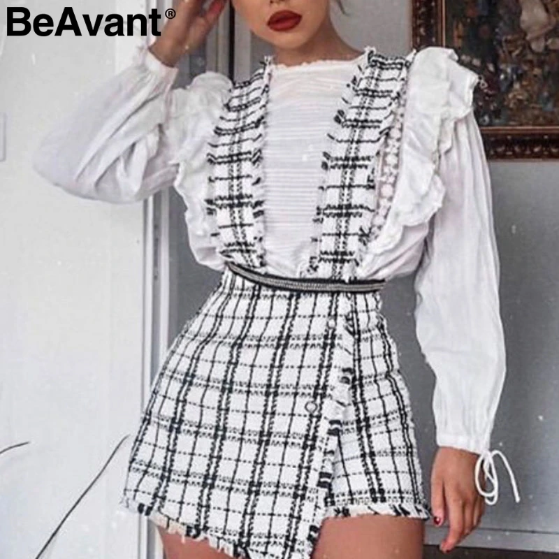 White BeAvant А-силуэт твидовая клетчатая Женская юбка комбинезон Осень Зима Повседневная Женская Зимняя юбка спагетти ремень женский мини комбинезон юбка - Color: White