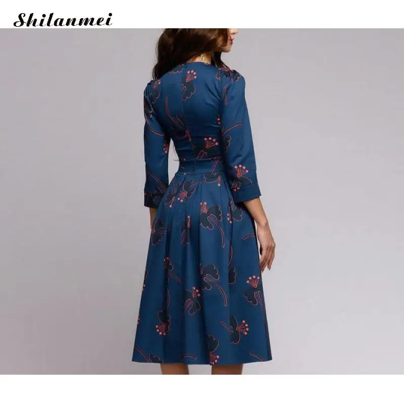 

Blue Floral Long Dresses Women 2019 Autumn Vintage Midi Dress Ladies Elegant Office Party Dress Plus Size A-Line Vestidos Midi