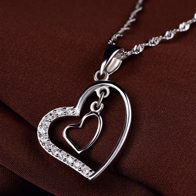 

Sterling Silver Heart Jewelry Zircon Inlay Heart Female Pendant White Gold Cover Engagement Necklace CHD0022