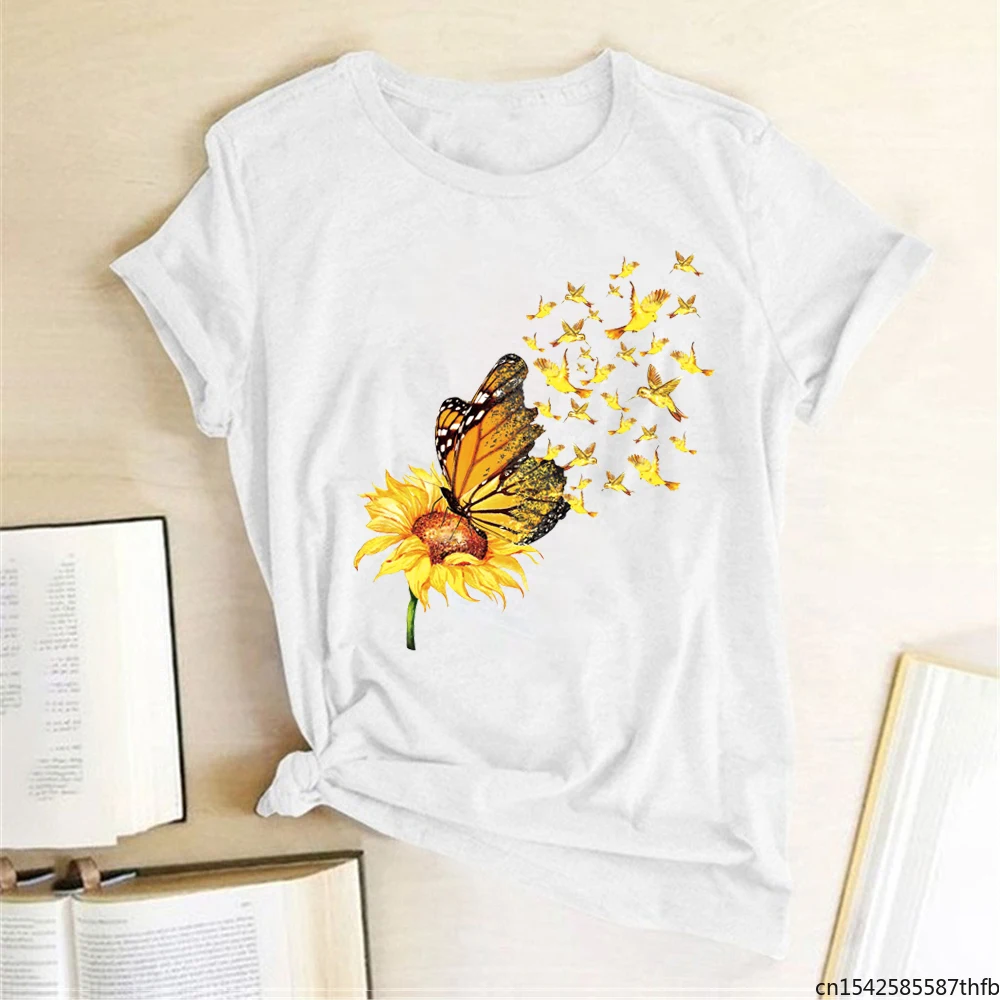 

Aesthetic Clothes Harajuku Short Sleeve Butterfly Sunflower Birds Print T-shirts Women Summer Graphic Tees Casual Ropa Mujer