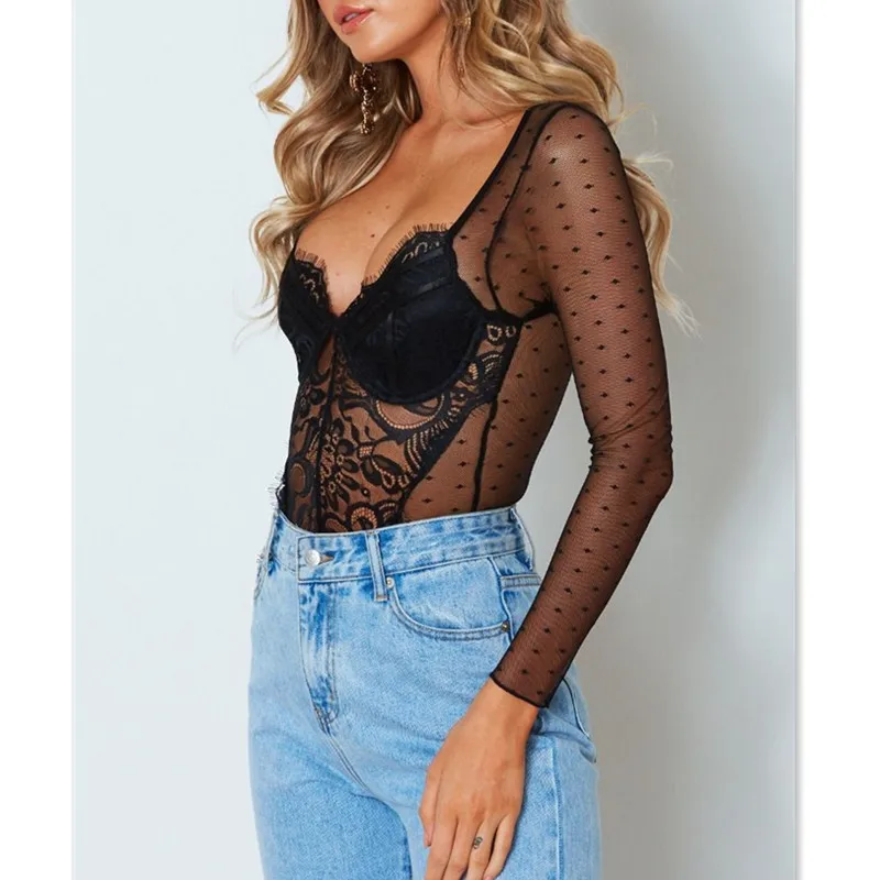 Женское Прозрачное Кружевное боди с длинным рукавом топ Клубная одежда летняя