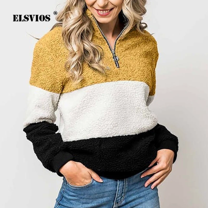 ELSVIOS 2XL Women Zipper Turtleneck Warm Sweatshirt Patchwork Hoodie Autumn Winter Long Sleeve Tops Jumper Femme Fleece Pullover | Женская