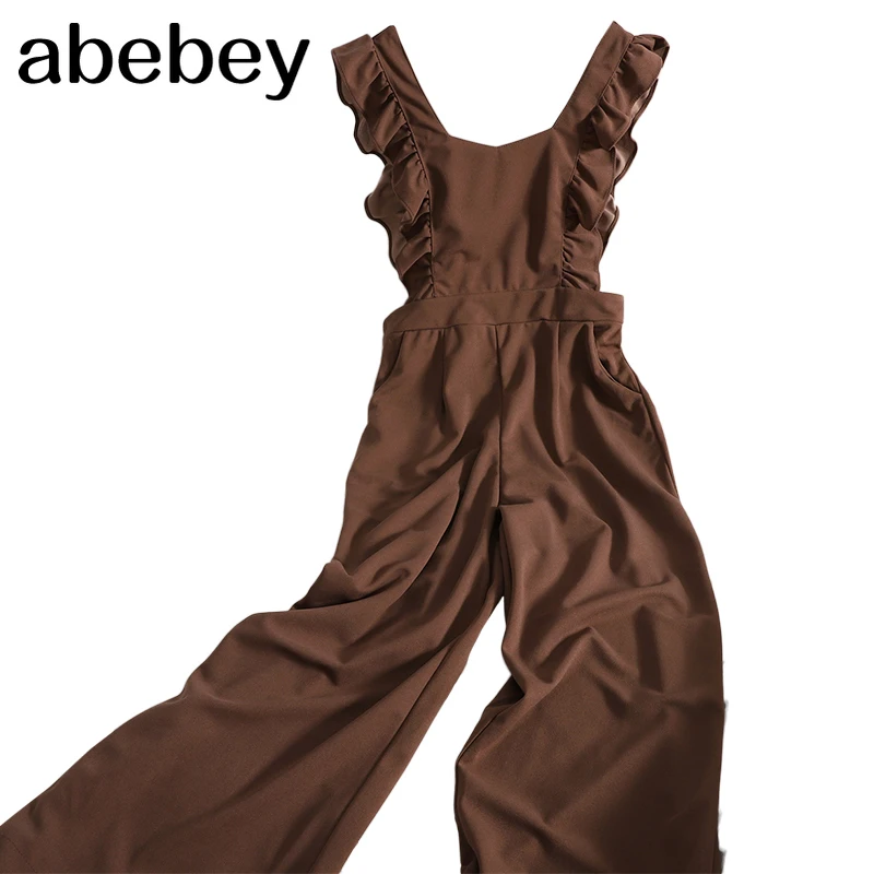 

Spring New Arrival Women Casual Solid Jumpsuit Office Lady Sleeveless Ruffle Sexy Top Long Wide Leg Pants Outfits