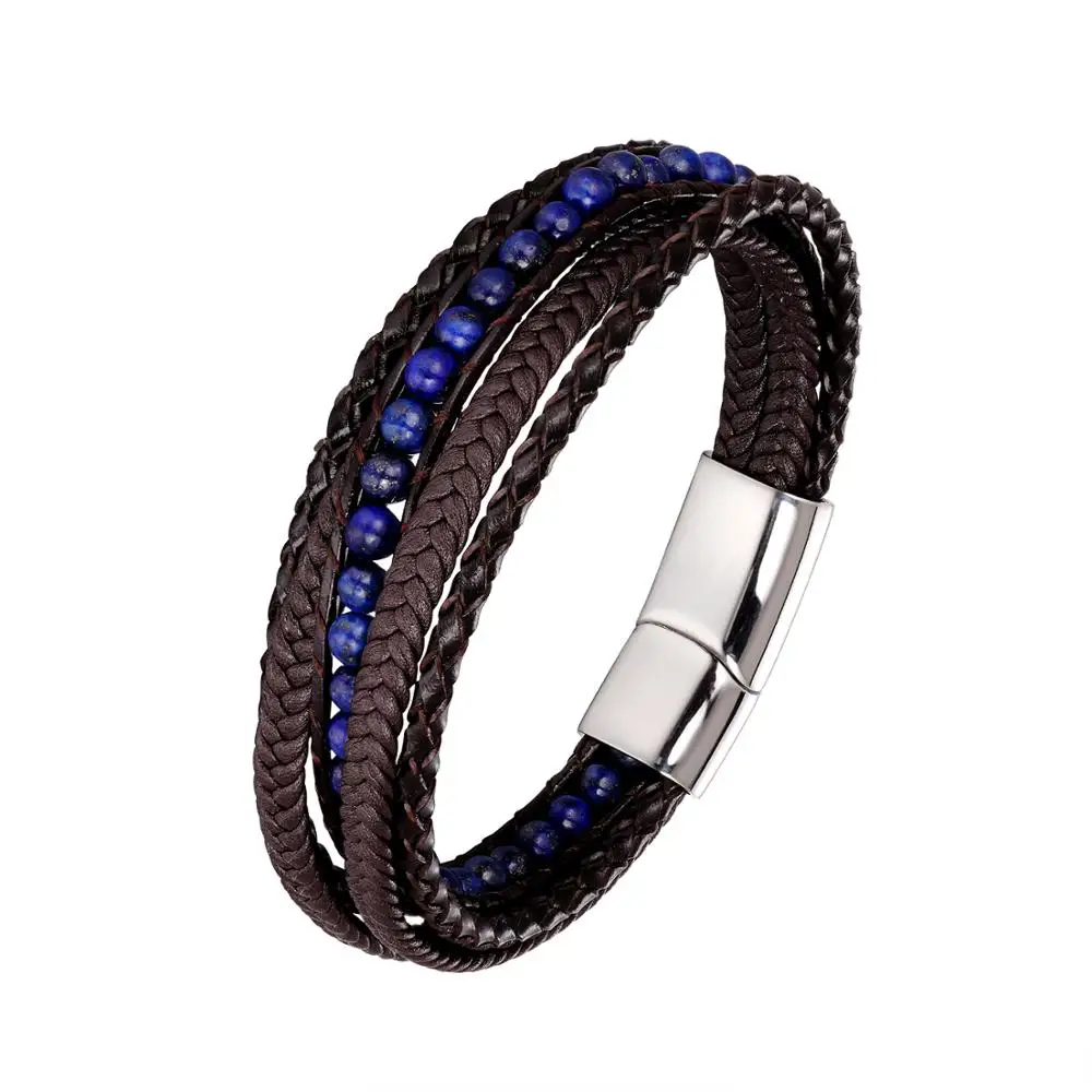 lapis lazuli Модные Плетеные Многослойные браслеты из натуральной кожи, мужские браслеты с тигровым глазом, каменная веревка, браслет из нержавеющей стали, женские мужские ювелирные изделия - Окраска металла: lapis lazuli