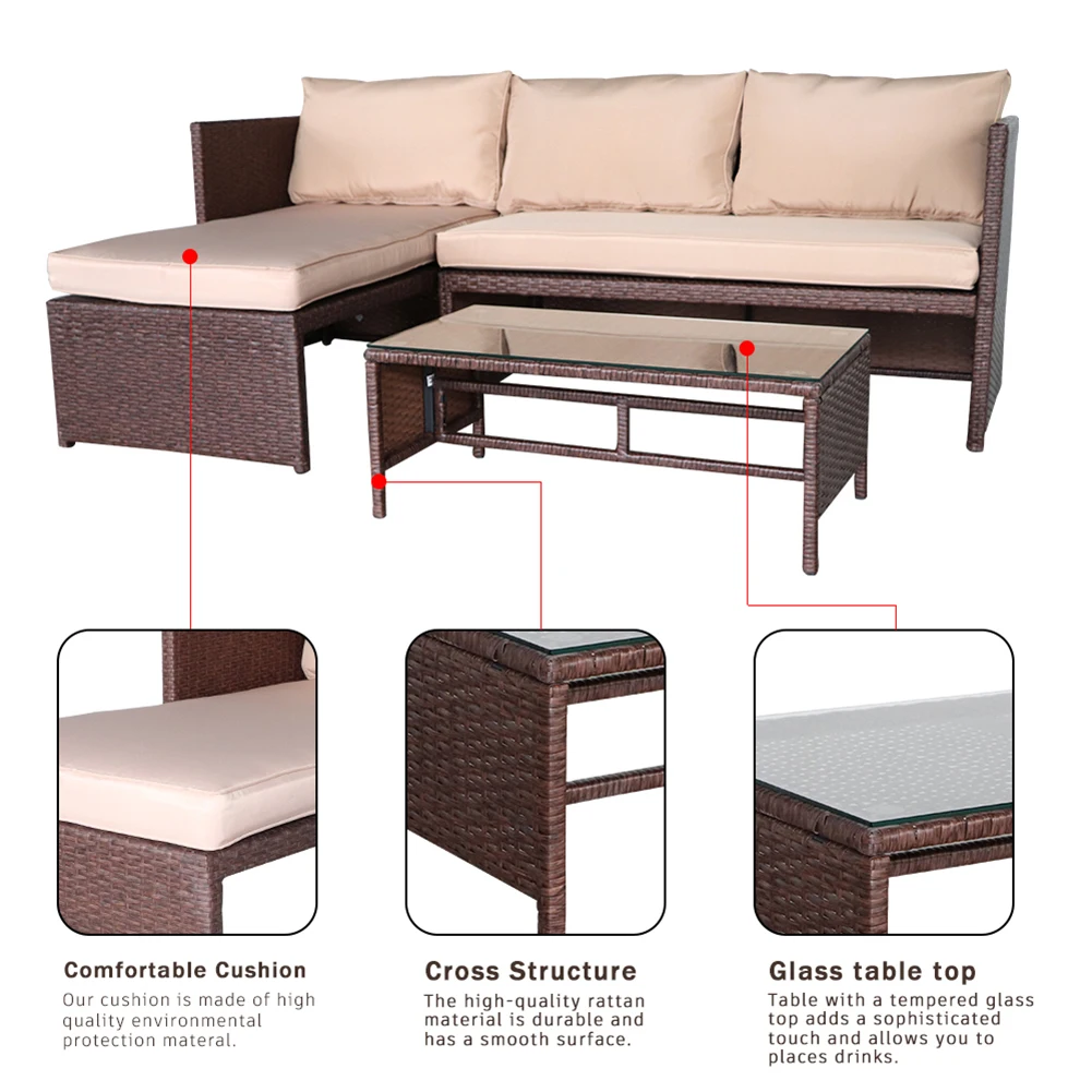 

3 Pieces Wood Grain PE Wicker Rattan Ottoman with Tempered Glass Table Patio Sofa Set furniture alon cup holder
