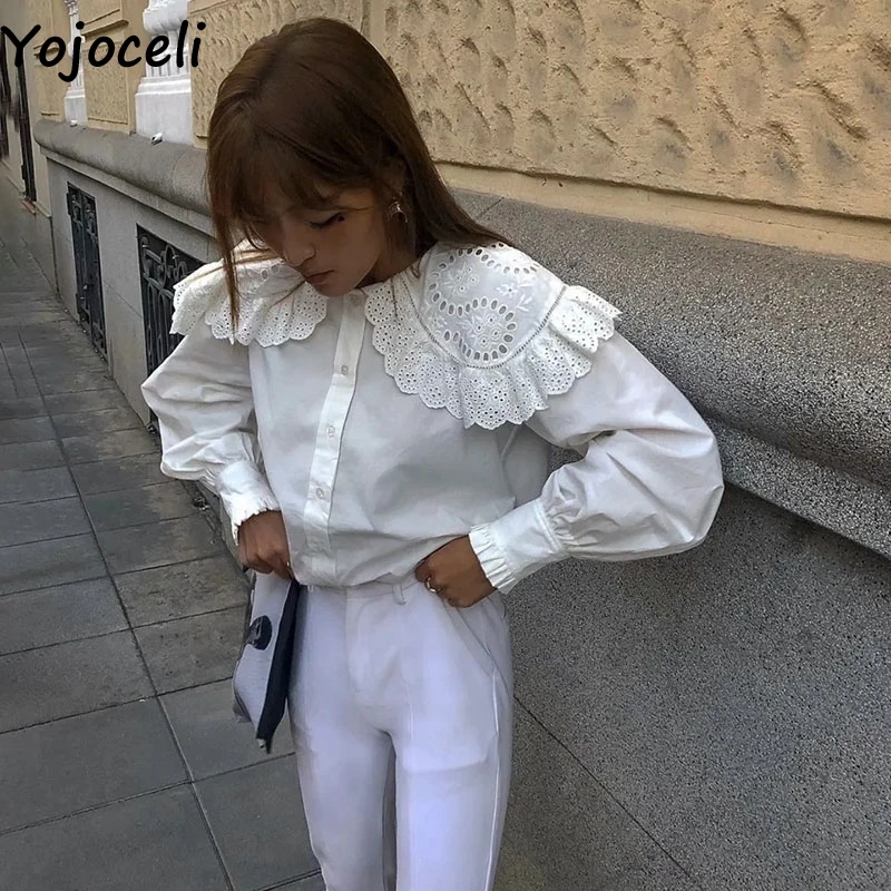 

Yojoceli Elegant peter pan collar white lace blouse women Autumn Spring floral cool blouse Casual basic sexy blusas female tops