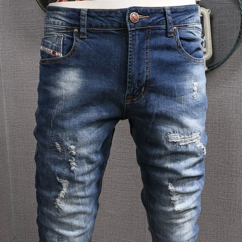 European American Vintage Fashion Men Jeans Retro Dark Blue Elastic Slim Fit Ripped Jeans Men Korean Style Denim Pencil Pants