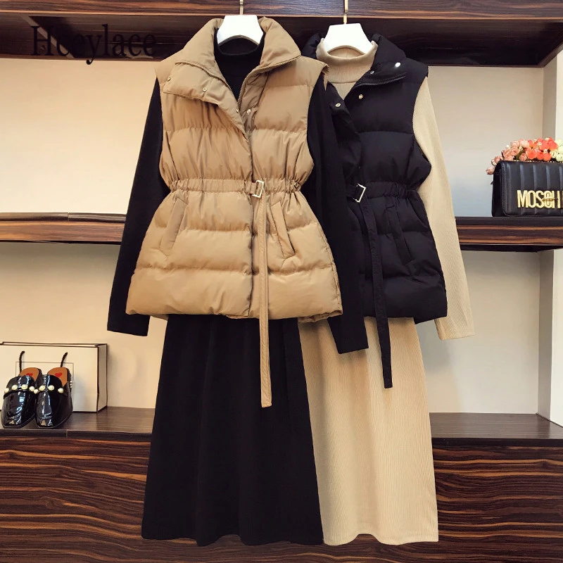 

plus size women fall winter long sleeve basic turtleneck sweater dresses and sleeve parkas vest suit women warm two piece sets