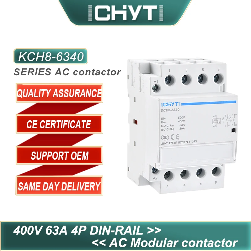 

CHYT KCH8-63 4P 4NO 4NC or 2NO 2NC AC 400V 63A Electric Din Rail Mounted Household Modular Contactor