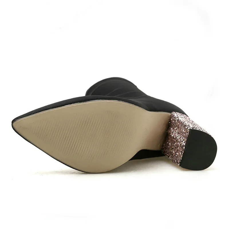 Женские ботильоны из эластичной ткани с острым носком и блестками короткие