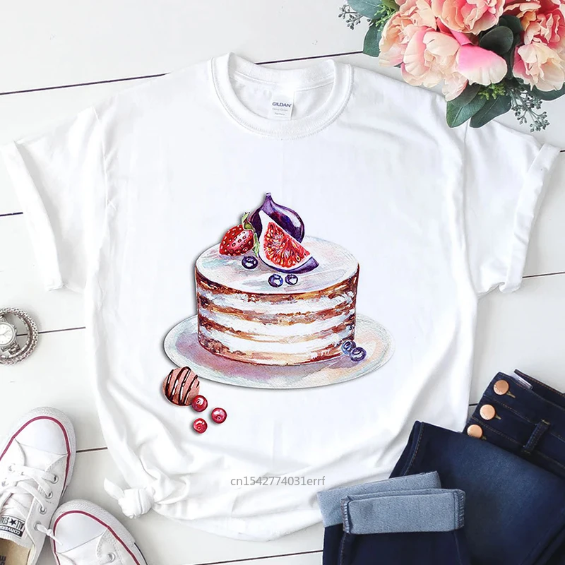 

Summer Donuts And Cake Graphic Print T-shirt Fashion Streetwear Aesthetic Women White Top Tees