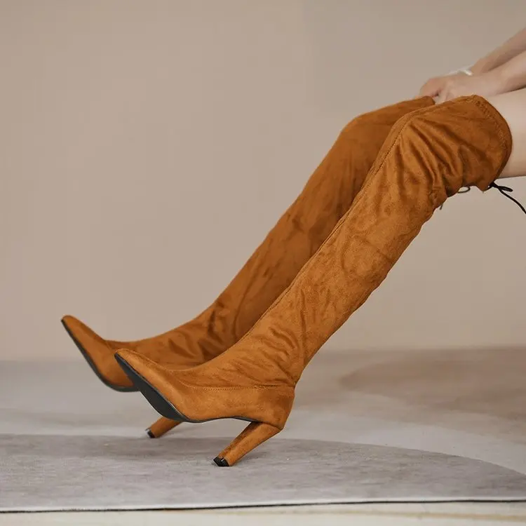 

Women Flock Knee High Boots Winter Women's Pointed Toe Thigh High Long Boots Ladies Slip On High Heels Female Shoes Plus Size 43