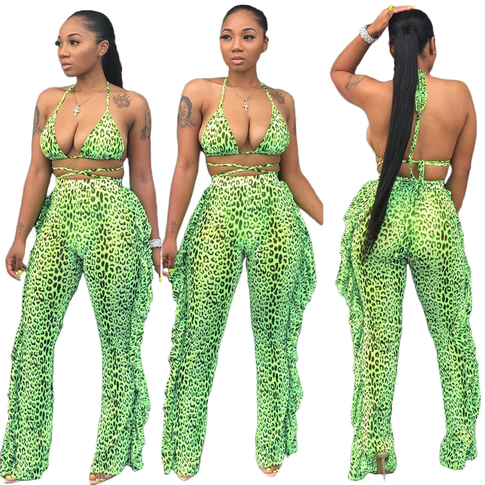 

56# Women Sexy Leopard Pants Ruffles High Waist Long Pants Clubwear Ladies Halter Crop Top Panties Bikini Cover Ups Outfits 3PCS