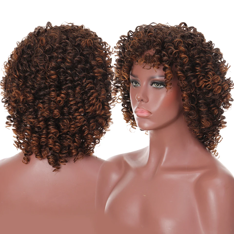 

Human Hair Wigs for Black Women Ombre Short Curly Brazilian Remy Human hair Full Wig with Hair Bangs Afro Curl