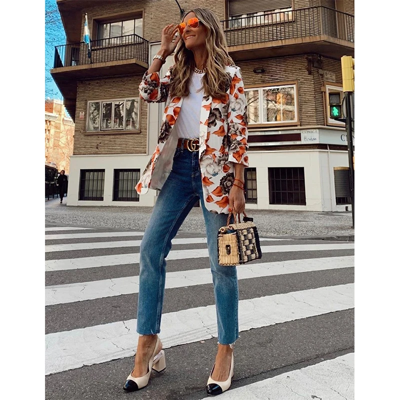 Женские блейзеры с цветочным принтом элегантные модные куртки длинным рукавом и