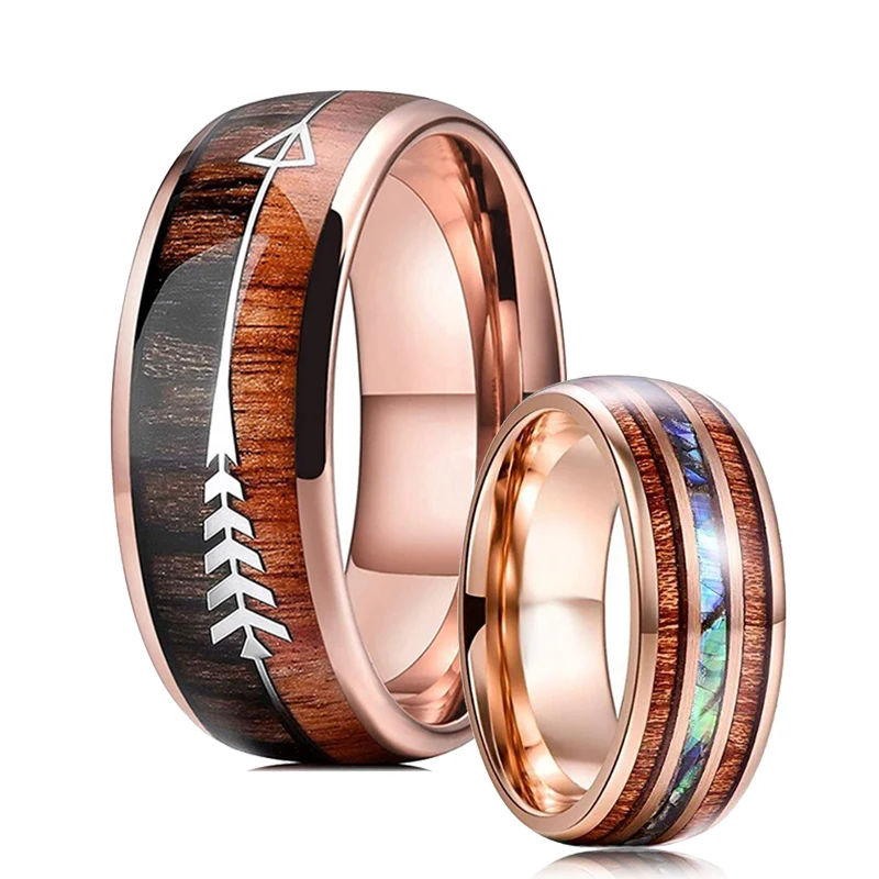 Fashion Rose Gold Arrow Stainless Steel Wedding Ring For Men Women Inlay Koa Wood & Abalone Shell Opal Ring Men Wedding Band
