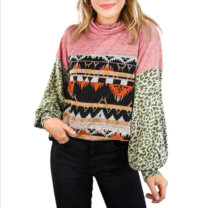 

Leopard Pattern Stitching Lantern Sleeve Turtleneck Sweatshirt Women Indie Folk Loose Streetwear Casual Elegant Lady Autumn 2021
