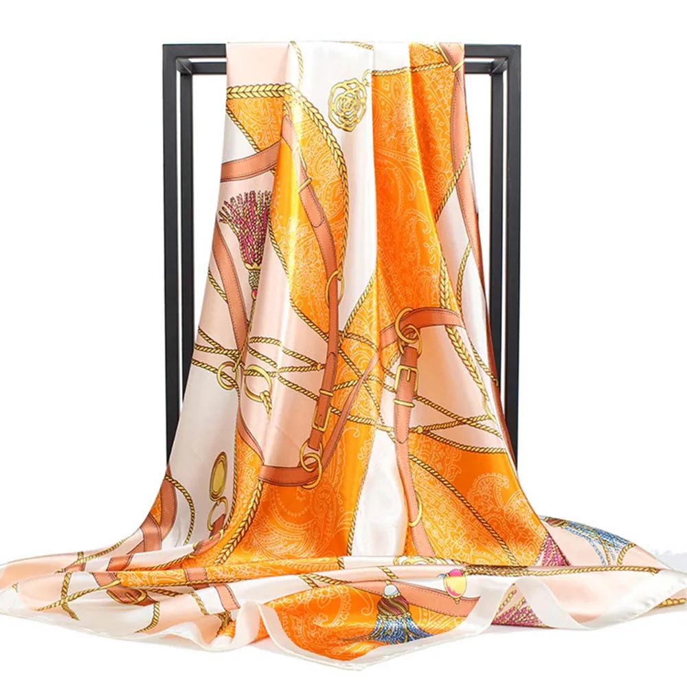 Женский атласный шарф платок квадратный шелковый с принтом цепей большие
